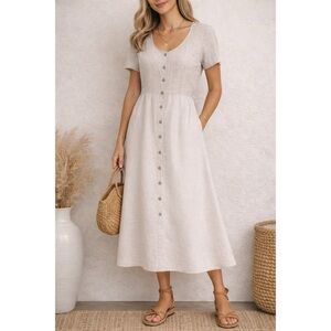 Vintage Linen Blend Button Front Midi Dress Made in Canada Size 8 Neutral Beige